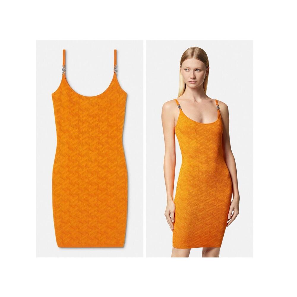 NWT Versace Medusa 95 La Greca IT 42 US 6 Jacquard Knit Mini Dress Orange $1,750